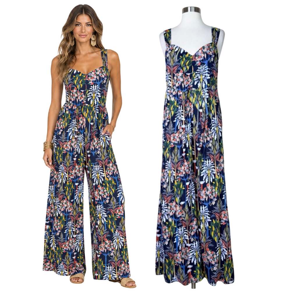 Anthropologie | Lala Tropical Floral Wide Leg Jumpsuit Navy Blue Multicolor M